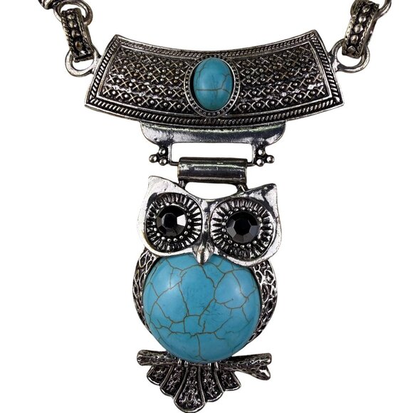 Vintage Owl Pendant Necklace Silver Tone Chain & Turquoise Accents Unique Statem - Picture 4 of 5